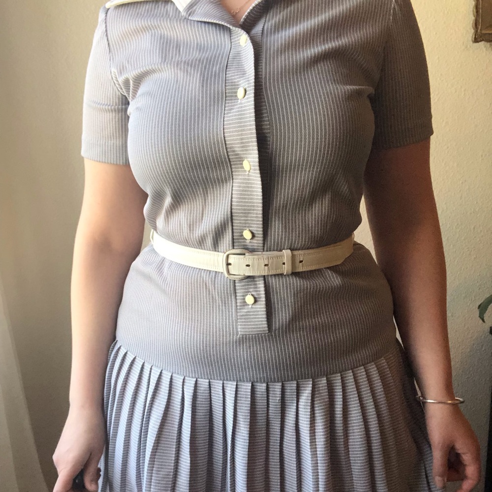 Vintage 60’s Nelly Don Women’s Grey Button Up Drop Waist Pleated Tennis Dress